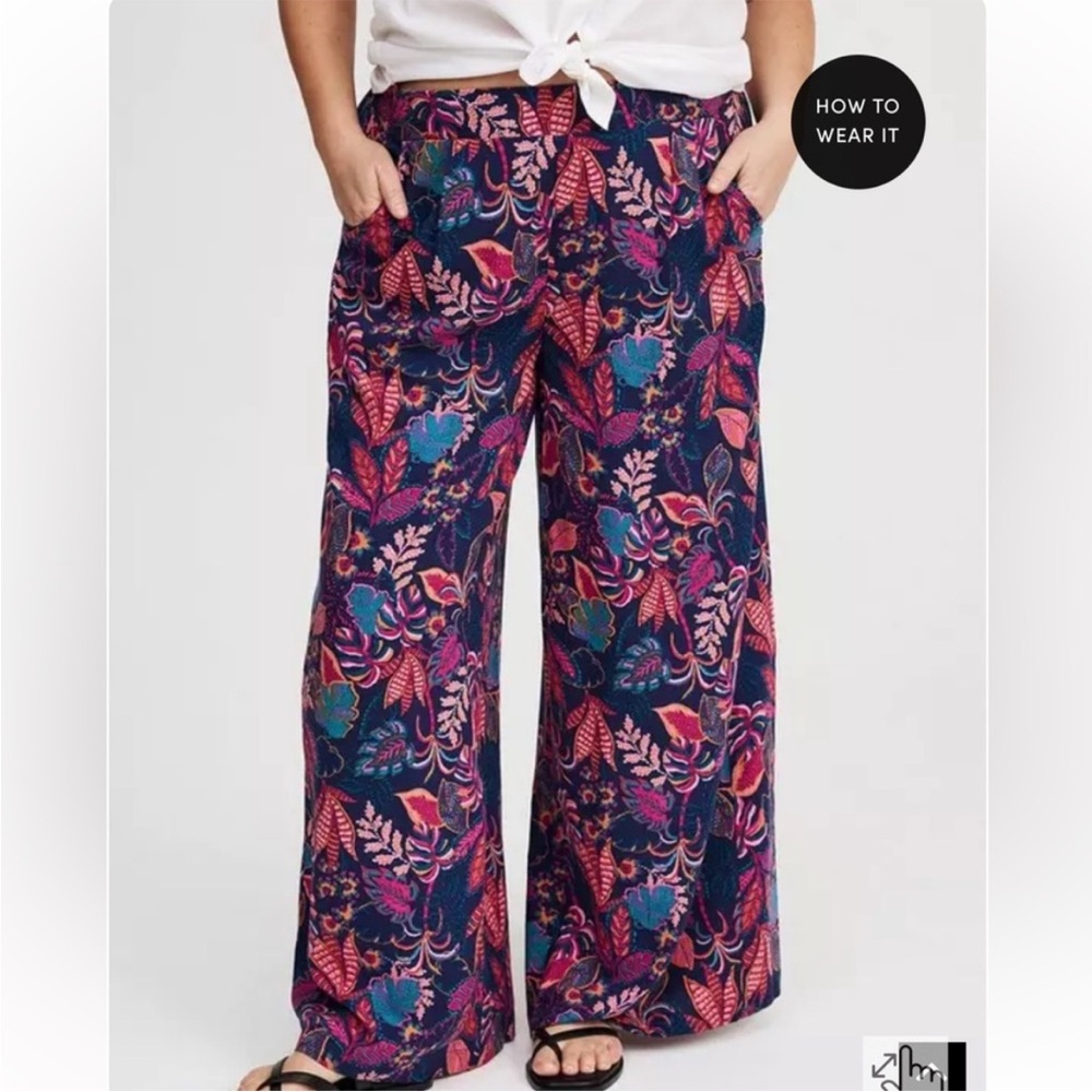 torrid Navy Wide-Leg Floral Palazzo Pants with Pink & Teal Leaves